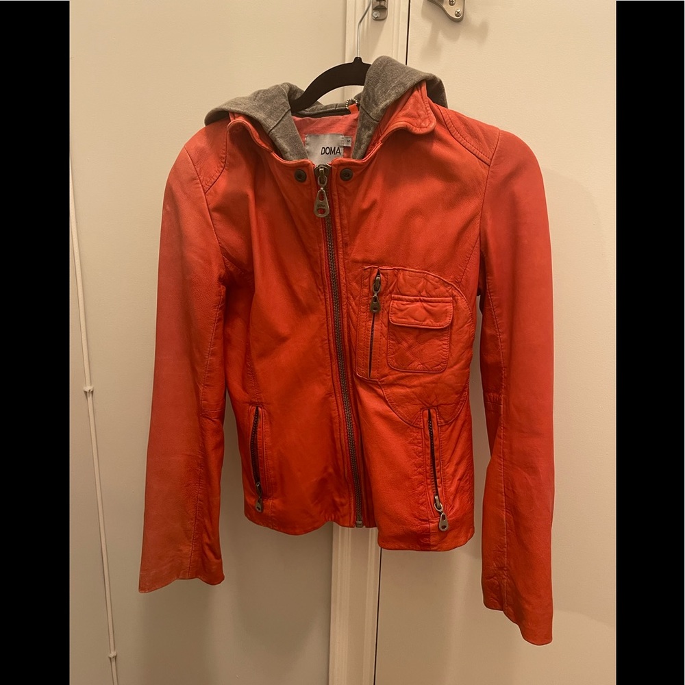 100% leather distressed orange/red leather jacket w/ removable zippered hoodie